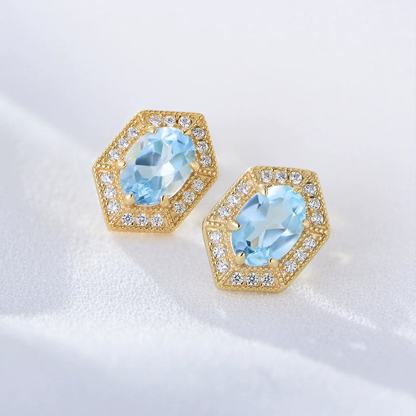 Women's Geometric Blue Natural Topaz Sterling Silver Earrings Set With Precious Stones