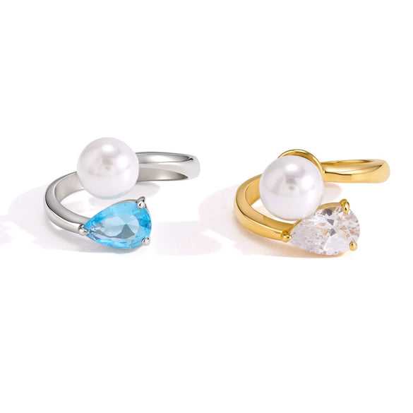 Women's Geometric Blue Zircon Pearl Ring In Stainless Steel With Vacuum Pvd Gold Plating Hypoallergenic Colorfast Jewelry