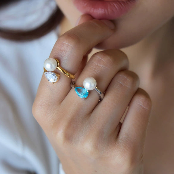 Women's Geometric Blue Zircon Pearl Ring In Stainless Steel With Vacuum Pvd Gold Plating Hypoallergenic Colorfast Jewelry