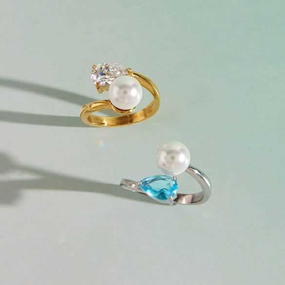 Women's Geometric Blue Zircon Pearl Ring In Stainless Steel With Vacuum Pvd Gold Plating Hypoallergenic Colorfast Jewelry