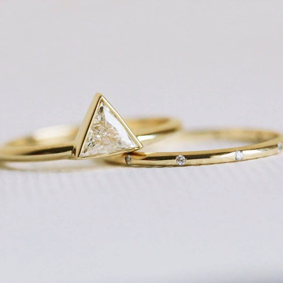 Women’s Geometric Brass And White Steel Couple Ring Set Diamond Cut Gold Tone Index Finger Rings Versatile Fashion Jewelry