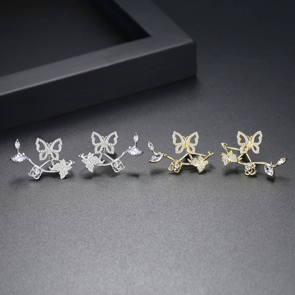 Women's Geometric Butterfly And Flower Copper Zircon Earrings With Electroplated Finish Fashion Jewelry