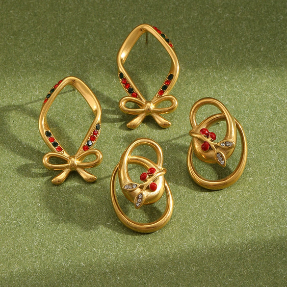 Women’s Geometric Cherry Bow Earrings In Stainless Steel With Pvd Vacuum Gold Plated Finish