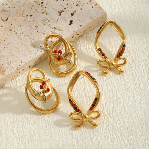 Women’s Geometric Cherry Bow Earrings In Stainless Steel With Pvd Vacuum Gold Plated Finish