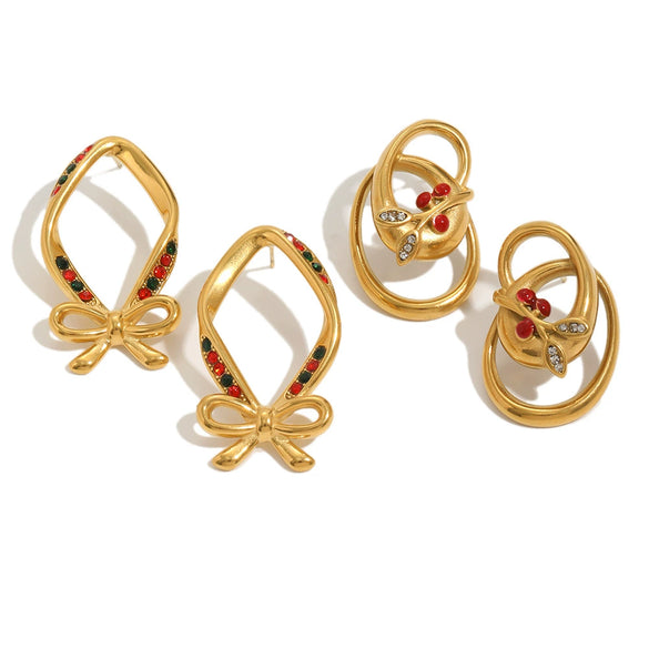Women’s Geometric Cherry Bow Earrings In Stainless Steel With Pvd Vacuum Gold Plated Finish