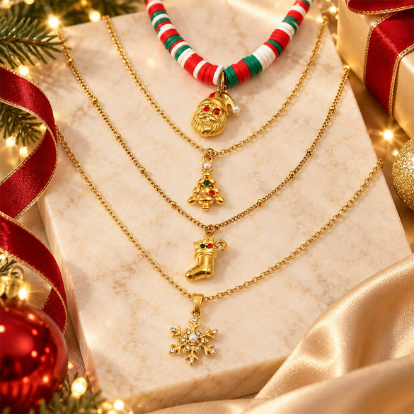 Women's Geometric Christmas Pendant Necklace In Stainless Steel With Vacuum Gold Plating And Lobster Clasp