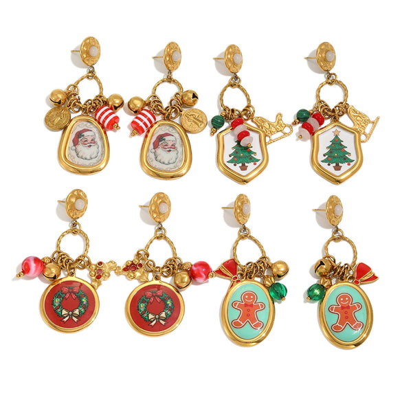 Women's Geometric Christmas Tree And Snowman Stainless Steel Vacuum Goldplated Earrings