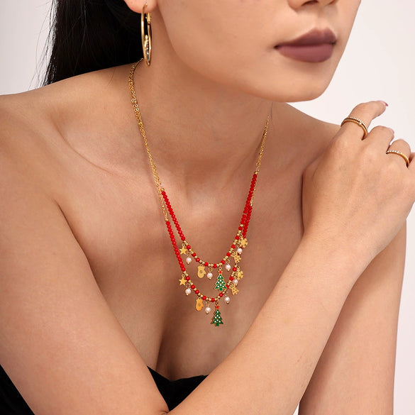 Women's Geometric Christmas Tree Pendant Necklace With Enamel Finish And Zircon Accents Stainless Steel Electroplated Jewelry
