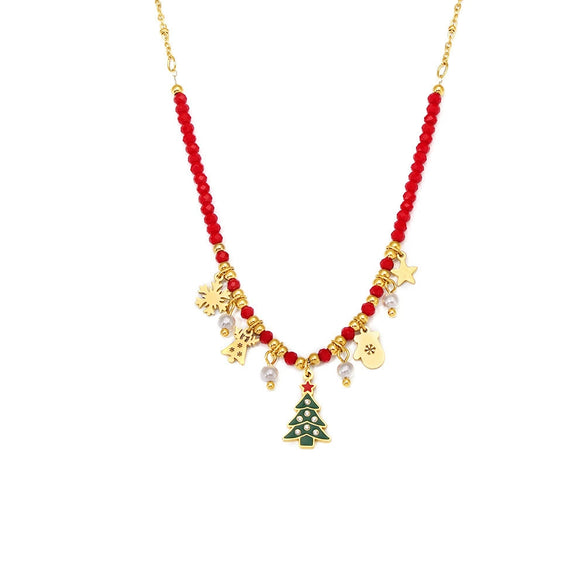 Women's Geometric Christmas Tree Pendant Necklace With Enamel Finish And Zircon Accents Stainless Steel Electroplated Jewelry