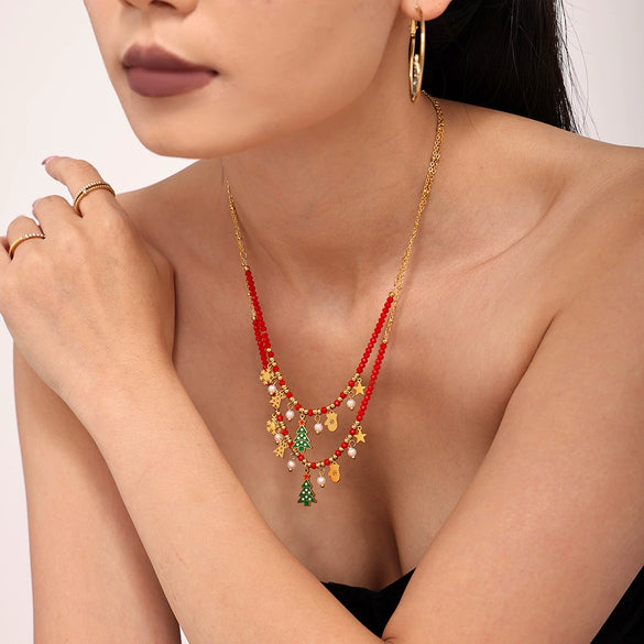 Women's Geometric Christmas Tree Pendant Necklace With Enamel Finish And Zircon Accents Stainless Steel Electroplated Jewelry