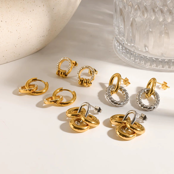 Women's Geometric Circle Hoop Earrings In Stainless Steel With 18K Gold Finish Vacuum Electroplated Non Fading High End Style