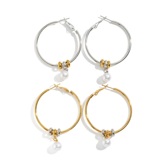 Women's Geometric Circle Imitation Pearl Drop Earrings With Stainless Steel Posts And Vacuum Gold Plating Minimalist Jewelry
