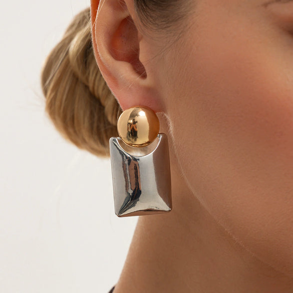 Women's Geometric Color Block Earrings Gold And Silver Tone Alloy Square And Round Earrings With Steel Posts Glossy Plated Fashion Jewelry