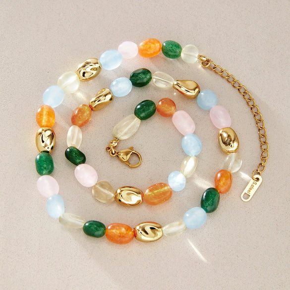 Women's Geometric Colored Natural Stone Beaded Jewelry Set With Titanium Steel Necklace And Plated Stainless Steel Bracelets