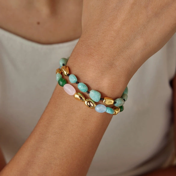 Women's Geometric Colored Natural Stone Beaded Jewelry Set With Titanium Steel Necklace And Plated Stainless Steel Bracelets