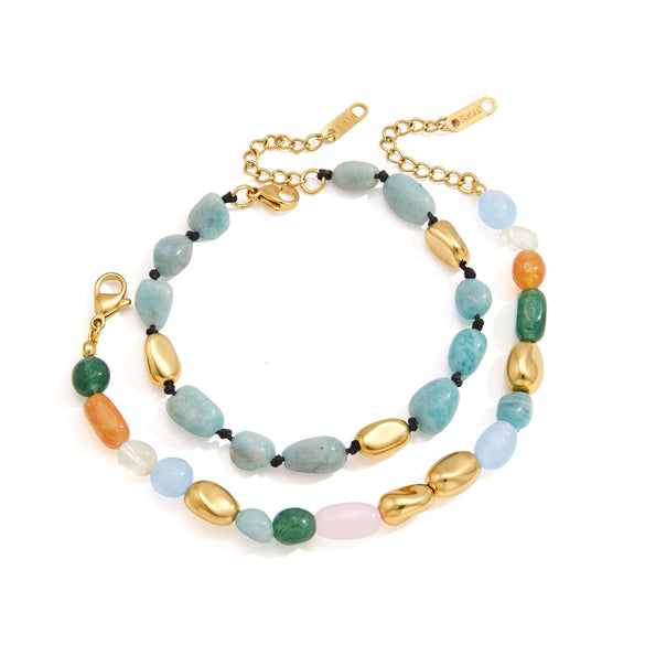 Women's Geometric Colored Natural Stone Beaded Jewelry Set With Titanium Steel Necklace And Plated Stainless Steel Bracelets