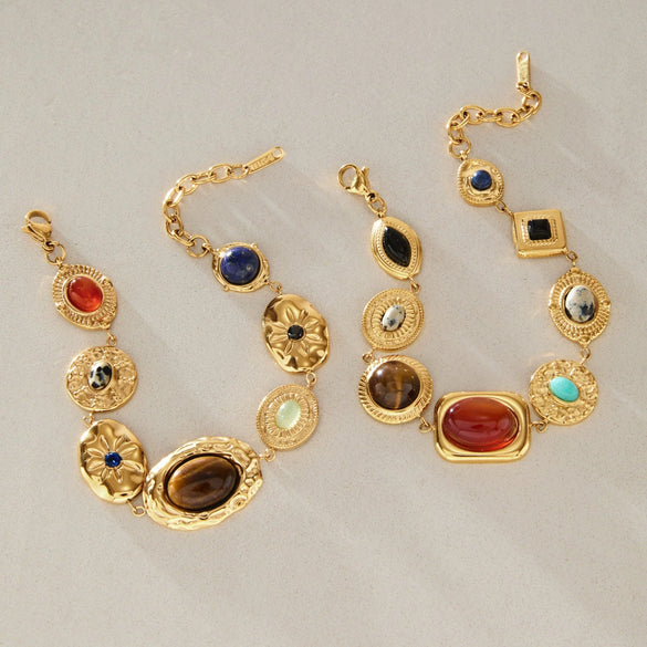 Women's Geometric Colored Natural Stone Bracelet In Hypoallergenic Stainless Steel With Gold Tone Plated Finish