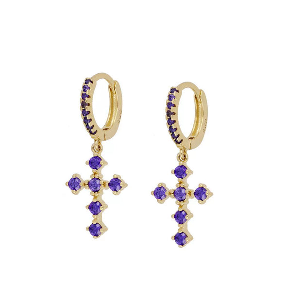 Women's Geometric Colorful Copper Earrings With Silver Needle Cross Design Electroplated Diamond Inlay Simple Light Luxury Ear Buckle