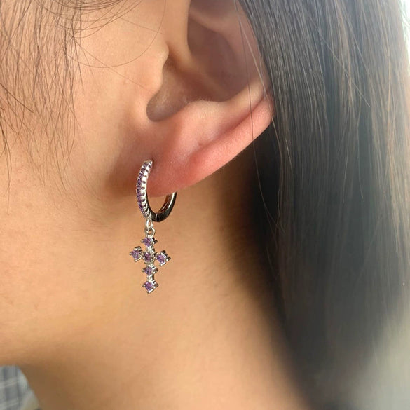 Women's Geometric Colorful Copper Earrings With Silver Needle Cross Design Electroplated Diamond Inlay Simple Light Luxury Ear Buckle