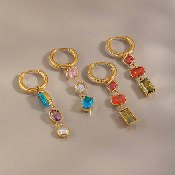 Women's Geometric Colorful Zircon Earrings With Stainless Steel Ear Posts And 18K Gold Pvd Plating