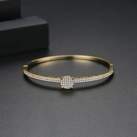 Women's Geometric Copper Bracelet With Micro Inlaid Zircon Accents Electroplated Finish And Simple Double Row Design