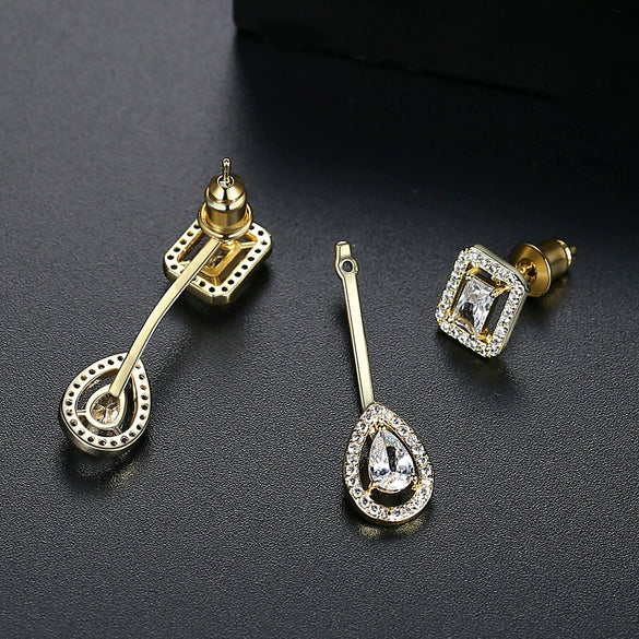 Women's Geometric Copper Drop Earrings With Zircon Accents And Electroplated Rearhanging Fashion Design