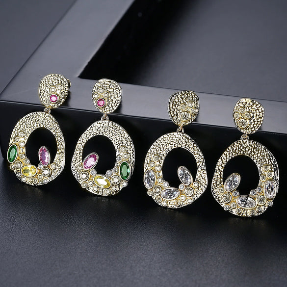 Women's Geometric Copper Earrings Set With Colorful Zircon Accents And Electroplated Finish Fashionable Elegant Statement Jewelry