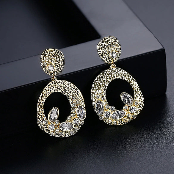 Women's Geometric Copper Earrings Set With Colorful Zircon Accents And Electroplated Finish Fashionable Elegant Statement Jewelry