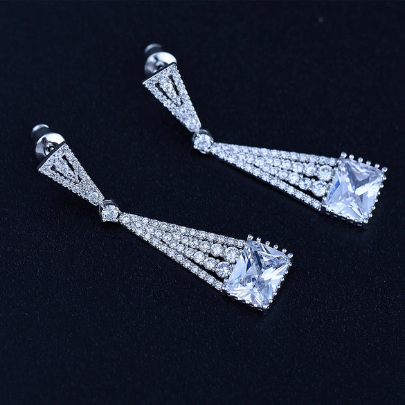 Women's Geometric Copper Earrings With Inlaid Aaa Zircon Electroplated Long Statement Jewelry