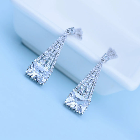 Women's Geometric Copper Earrings With Inlaid Aaa Zircon Electroplated Long Statement Jewelry