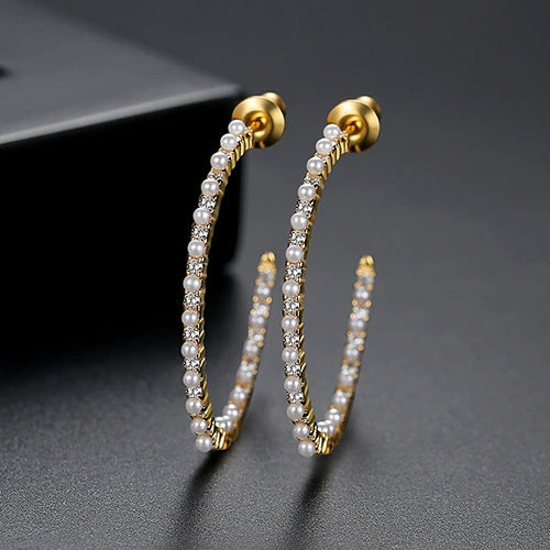 Women's Geometric Copper Earrings With Single Row Zircon And Pearl Accents Sparkling Fashion Jewelry Gift