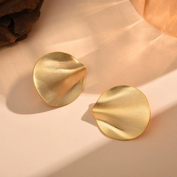 Women's Geometric Copper Hoop Earrings With Pleated Texture And Electroplated Finish Fashion Statement Jewelry