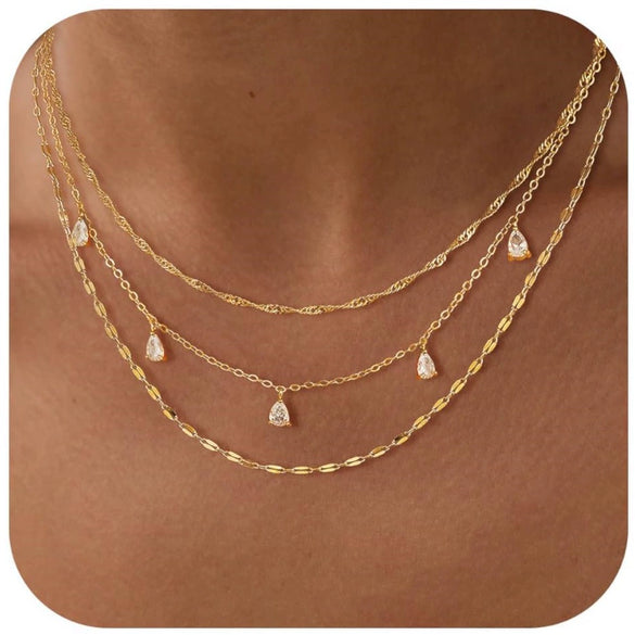Women's Geometric Copper Layered Chain Necklace With Cubic Zirconia Chic Electroplated Jewelry