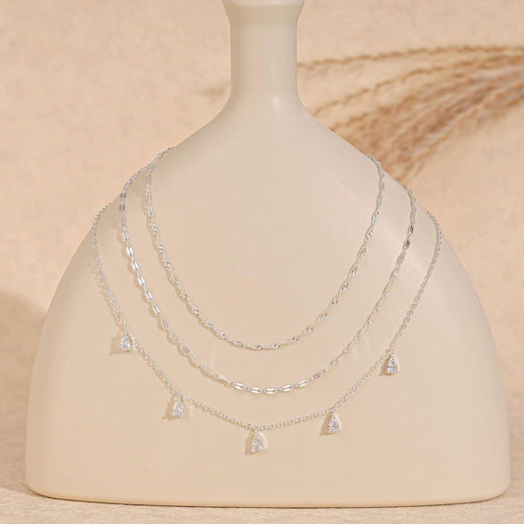Women's Geometric Copper Layered Chain Necklace With Cubic Zirconia Chic Electroplated Jewelry
