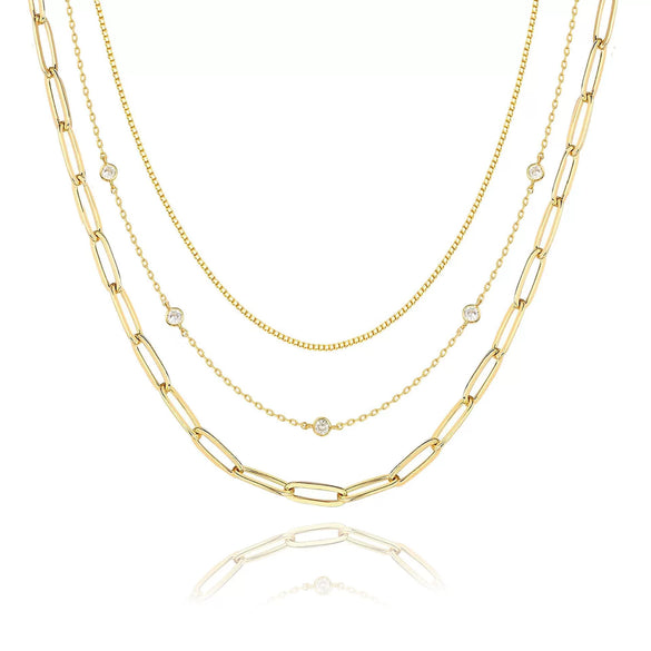Women's Geometric Copper Layered Chain Necklace With Cubic Zirconia Chic Electroplated Jewelry