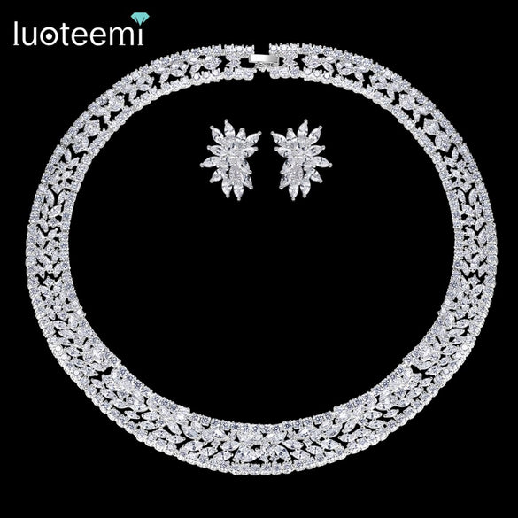 Women's Geometric Copper Necklace Set With Zircon Accents Electroplated Handmade Chain Fashion Jewelry For Wedding Wear Wholesale