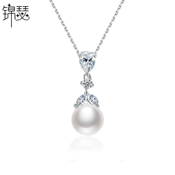 Women's Geometric Copper Pendant Necklace With Zircon And Pearl Detail Electroplated Simple Fashion Jewelry