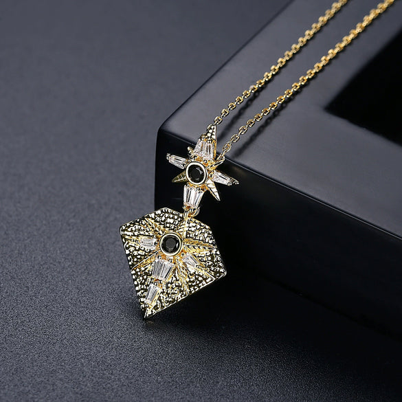 Women's Geometric Copper Pendant Necklace With Zircon Inlay Goldtone Electroplated Finish And Cross Chain