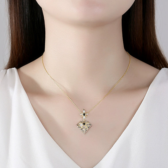 Women's Geometric Copper Pendant Necklace With Zircon Inlay Goldtone Electroplated Finish And Cross Chain