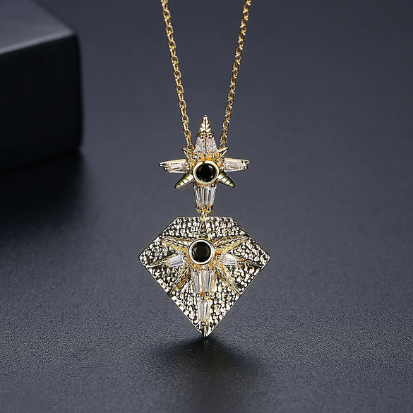 Women's Geometric Copper Pendant Necklace With Zircon Inlay Goldtone Electroplated Finish And Cross Chain