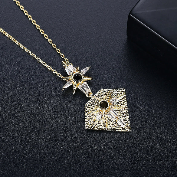Women's Geometric Copper Pendant Necklace With Zircon Inlay Goldtone Electroplated Finish And Cross Chain