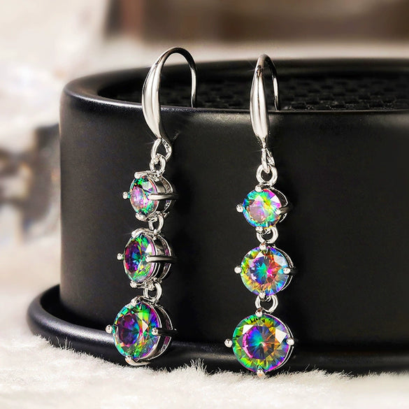 Women's Geometric Copper Sparkling Colored Zircon Earrings For Spring And Summer