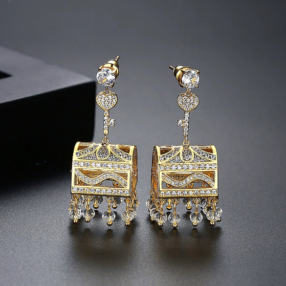 Women’s Geometric Copper Tassel Drop Earrings With Zircon Inlay And Electroplated Statement Fashion Design