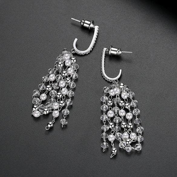 Women's Geometric Copper Tassel Earrings With Zircon And Pearl Accents Electroplated Long Dangle Fashion Jewelry