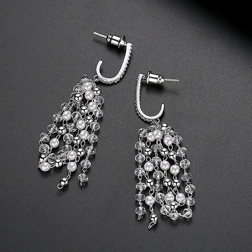 Women's Geometric Copper Tassel Earrings With Zircon And Pearl Accents Electroplated Long Dangle Fashion Jewelry