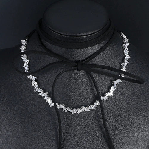 Women's Geometric Copper Zircon Necklace With Electroplated Finish And Ribbon Chain For Wedding And Formal Occasions