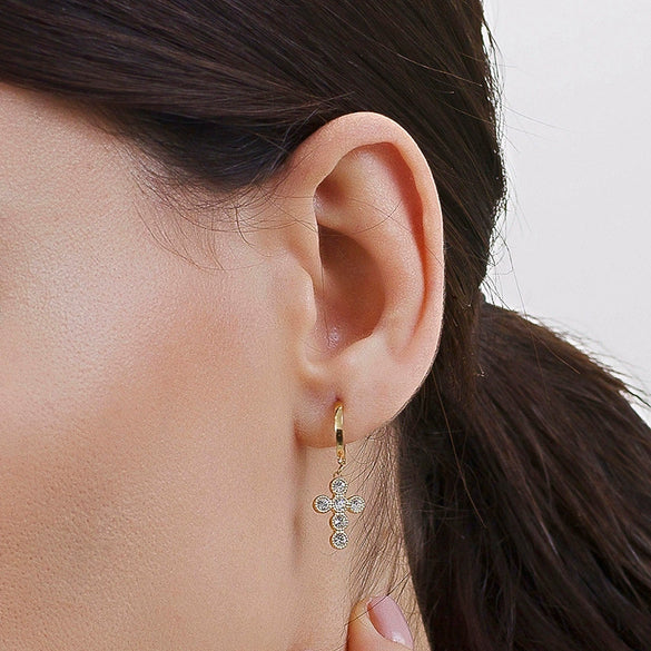 Women's Geometric Cross Earrings With Silver Needle And Copper Round Zircon Electroplated Fashion Jewelry