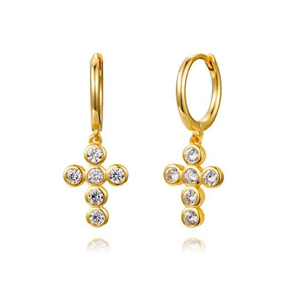 Women's Geometric Cross Earrings With Silver Needle And Copper Round Zircon Electroplated Fashion Jewelry