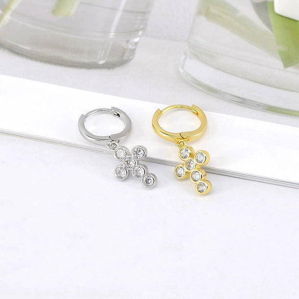 Women's Geometric Cross Earrings With Silver Needle And Copper Round Zircon Electroplated Fashion Jewelry