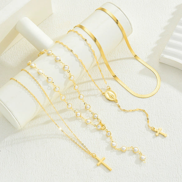 Women's Geometric Cross Pearl Necklace With Zinc Alloy Sweater Chain Tassel Detail Electroplated Light Luxury Layered Jewelry